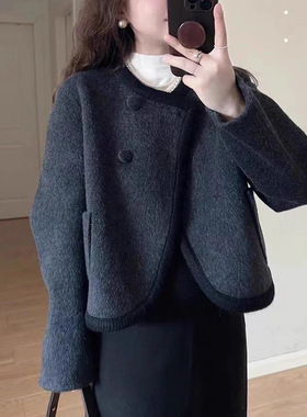 小香风黑色双面毛呢短款外套女秋冬季高级感气质呢子大衣西装上衣