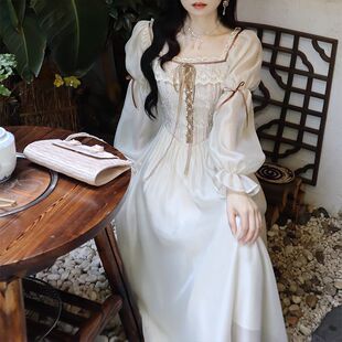 2024秋新款 收腰显瘦长裙 气质提花宫廷风方领连衣裙秋名媛超仙法式