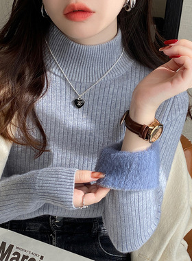 加绒毛衣女冬季加厚一体绒秋冬半高领内搭针织打底衫白色保暖上衣