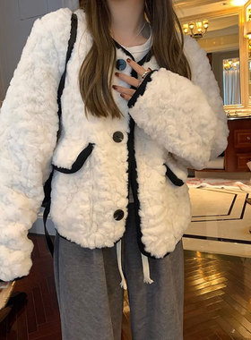 温柔风白色羊羔毛外套女冬季设计感撞色高级气质小香风毛茸茸上衣