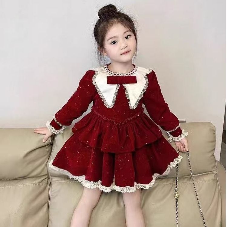 女童红色闪闪丝绒公主裙2024冬季新款女孩加厚加绒圣诞新年连衣裙