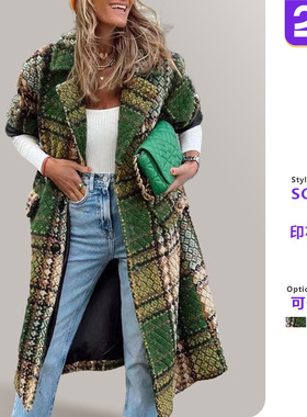 S9312 2025跨境秋冬新欧美女装时尚长袖翻领外套印花呢子长款大衣
