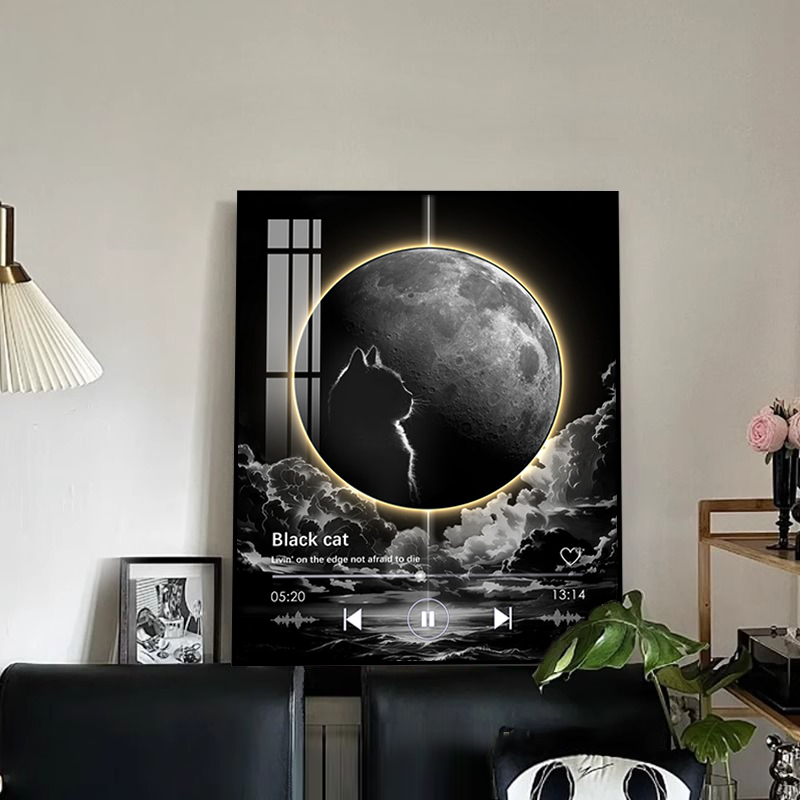 高级感月球客厅卧室氛围感装饰画萌宠猫咪立体蓝牙音响发光挂画