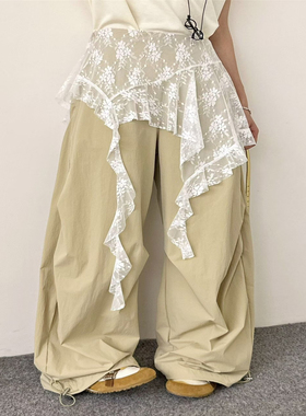 十三行x2 美式假两件蕾丝拼接阔腿裤女夏 宽松工装休闲裤拖地伞裤
