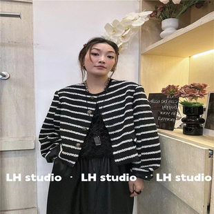 LH studio 小香风黑白条纹外套女2024秋季设计感法式名媛短款上衣