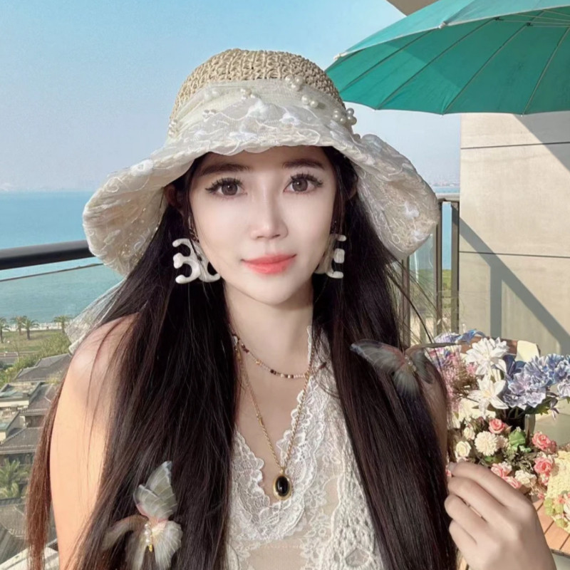 夏季蕾丝花朵遮阳草女蝴蝶结珍珠