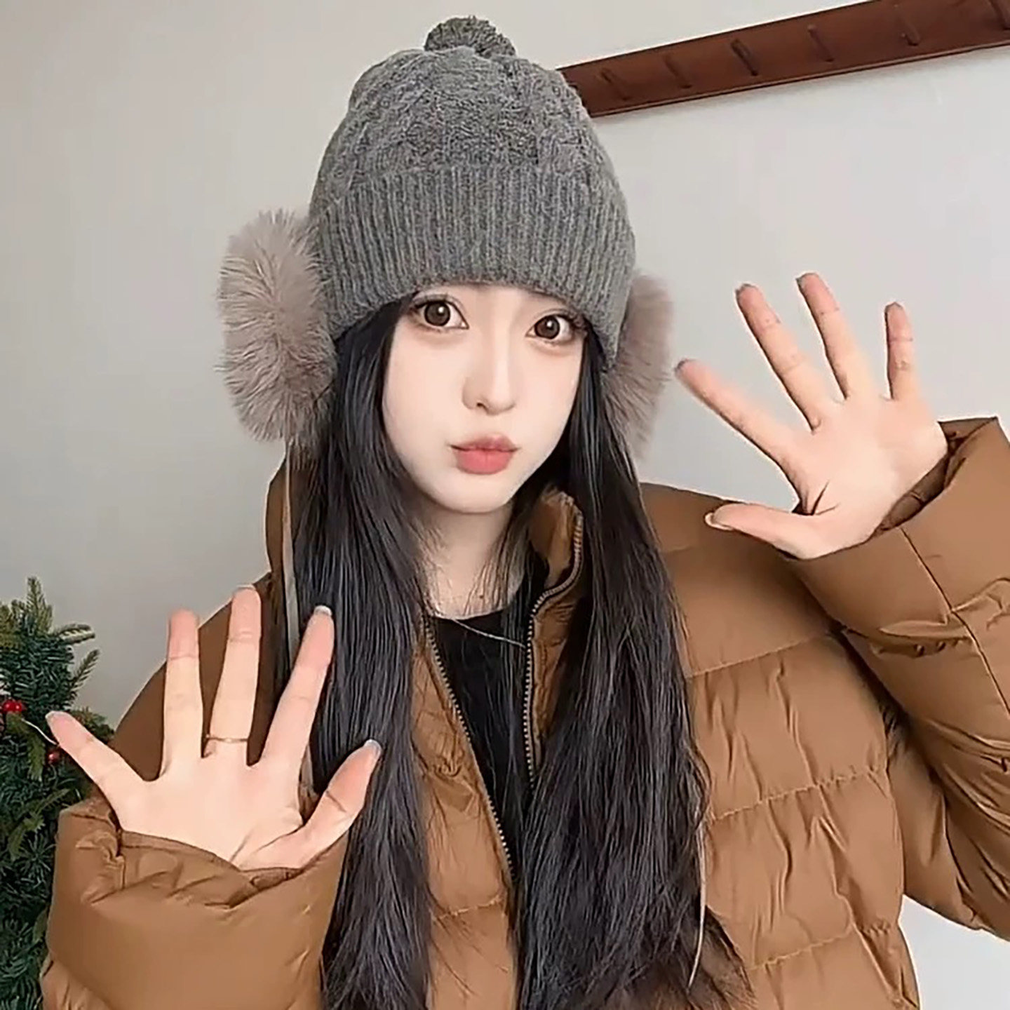 韩系八字麻花毛球日系针织帽子女