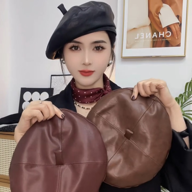 PU皮质棕色贝雷帽女秋冬韩系秋冬