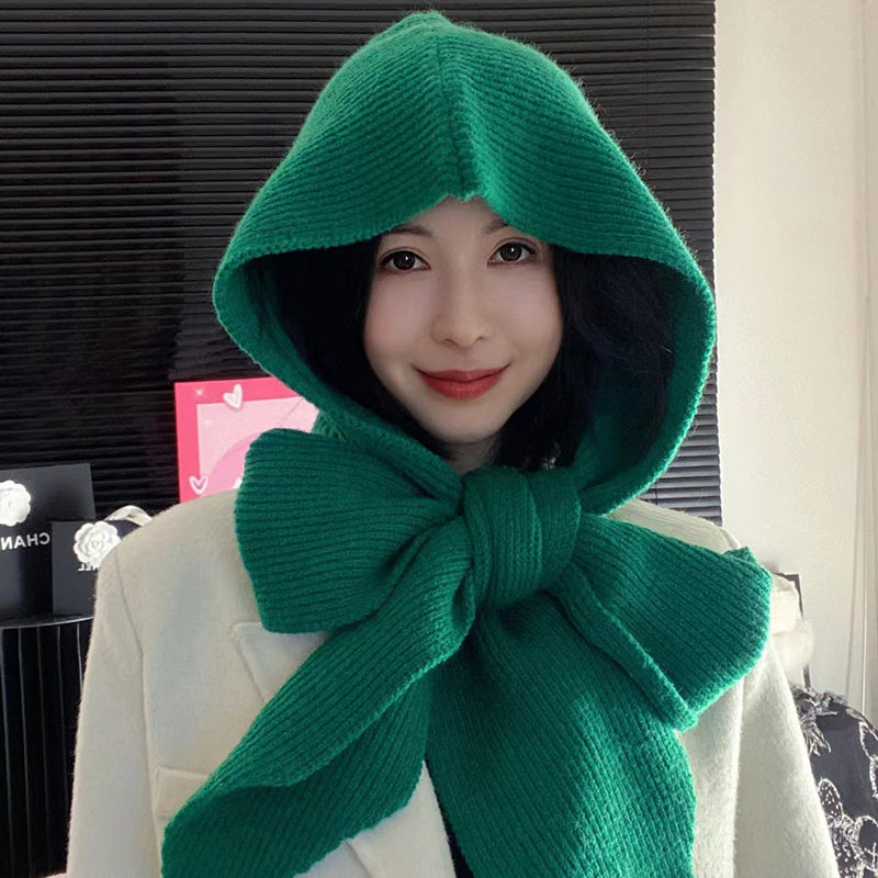 多种戴法加长加大一体围巾帽针织保暖连帽披肩外搭新款绿色毛线帽