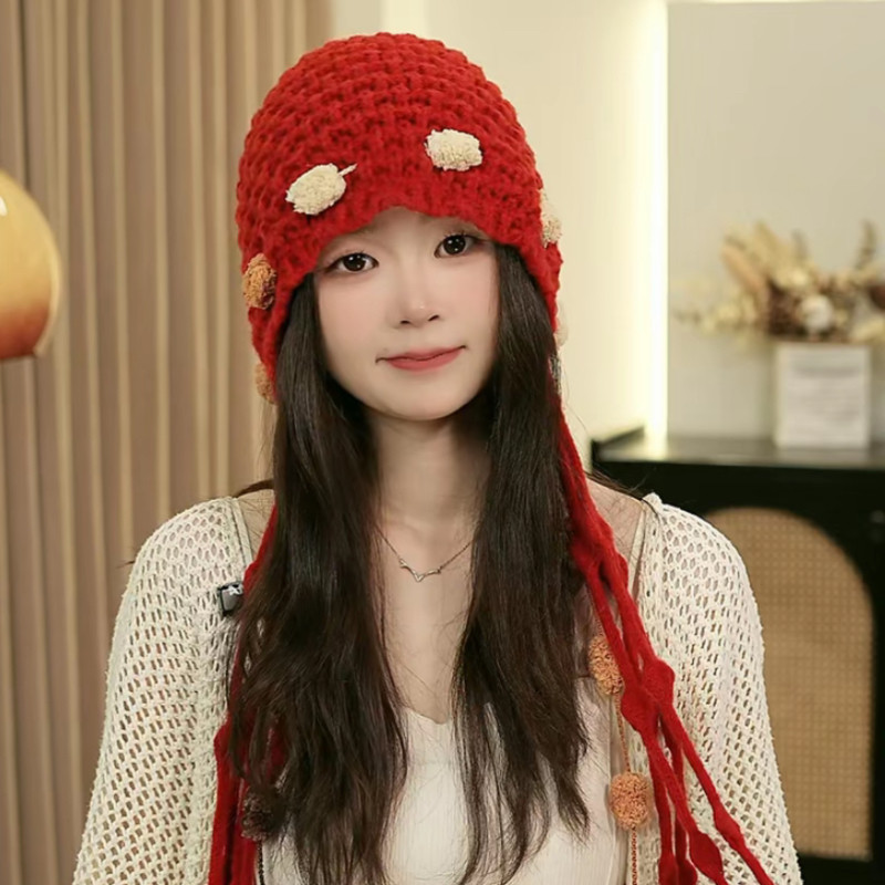 秋冬新款民族风纯手工韩版复古流苏帽子针织护耳包头帽保暖百搭潮