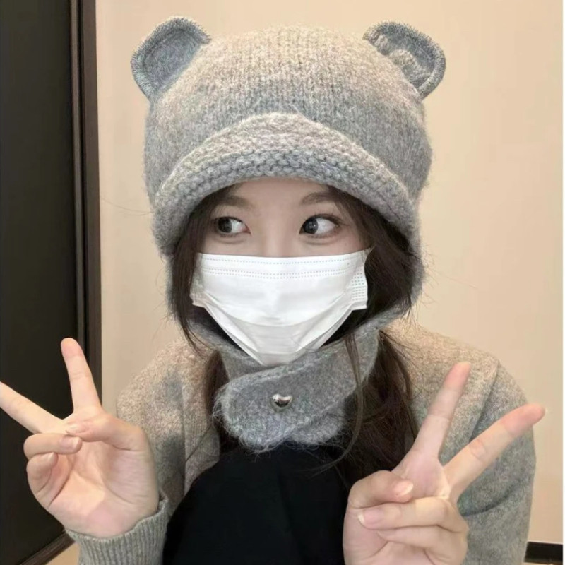 可爱立体小熊耳朵针织护耳帽子女秋冬保暖防寒护脖雷锋帽时尚百搭