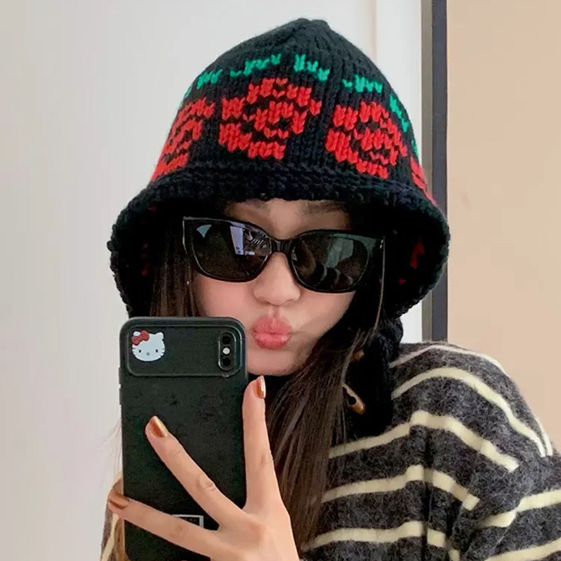 巴拉克拉法帽玫瑰花图案针织帽女