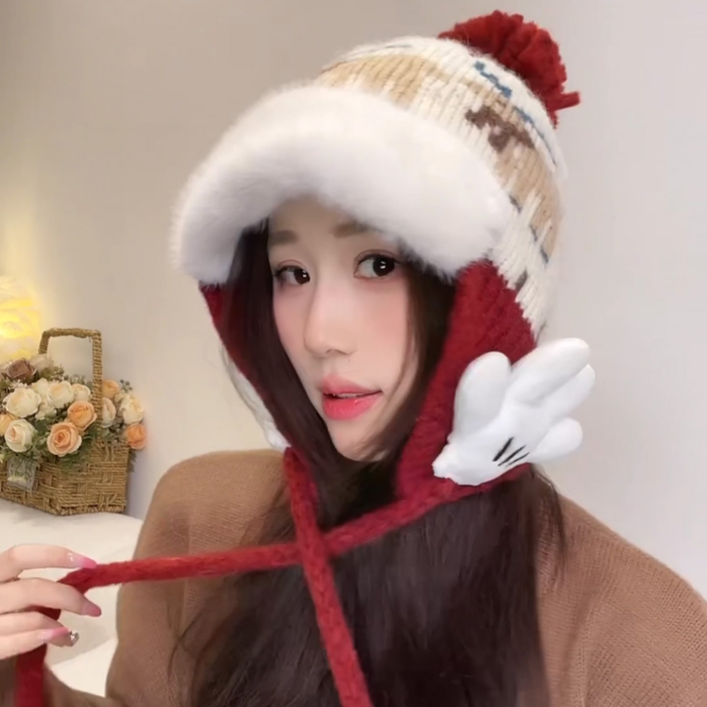 可爱米奇手掌毛绒针织帽子女冬季