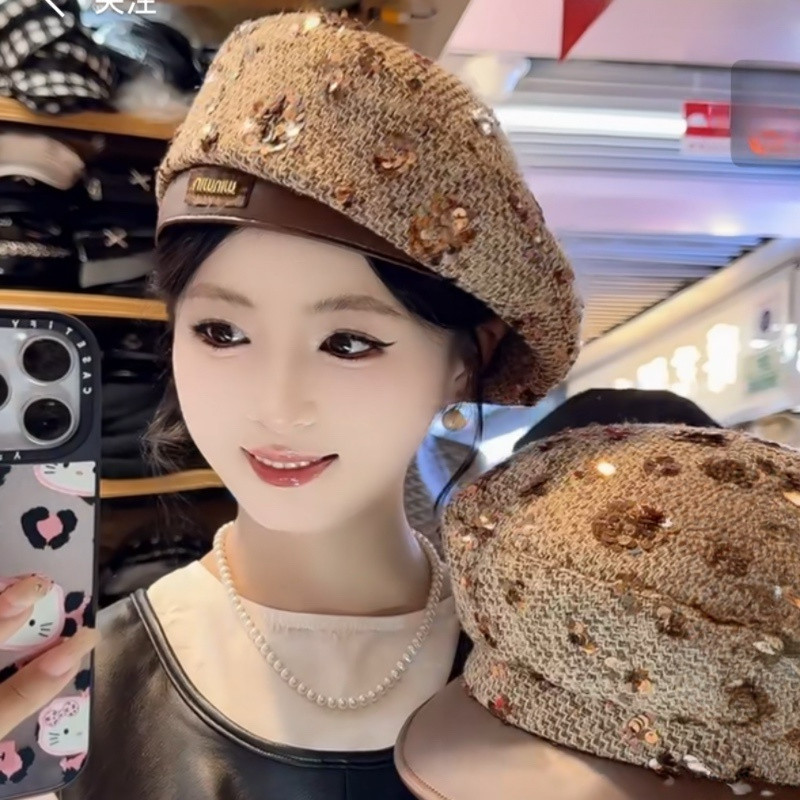 小香风贝雷帽女秋冬季亮片高级感