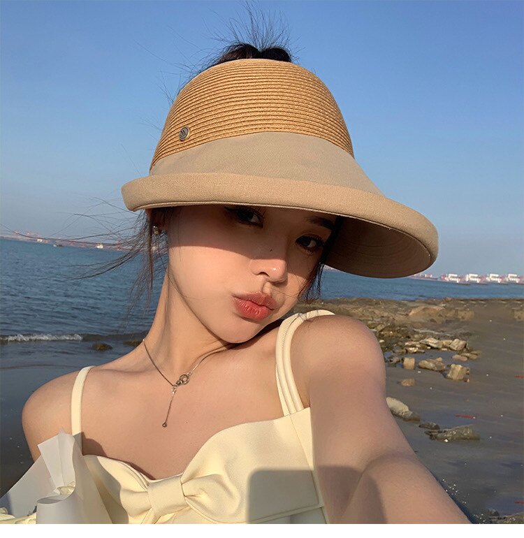 草编百搭翻边空顶帽女遮阳防晒鸭舌帽防紫外线大帽檐遮脸太阳帽夏