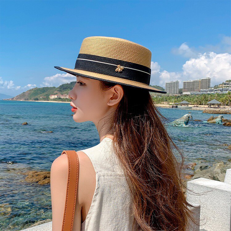 韩版时尚百搭小帽檐平顶草帽女春夏季度假户外运动防晒遮阳帽子潮