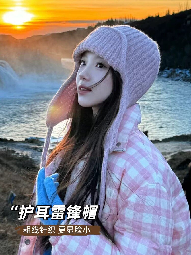 日系可爱新款粉色护耳针织毛线帽