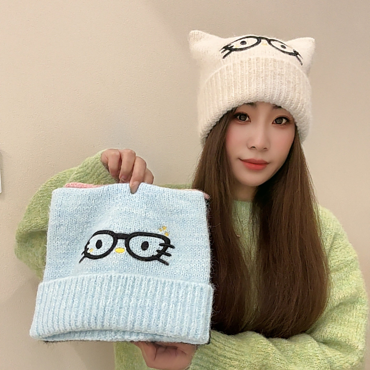 可爱眼镜猫耳朵刺绣针织帽女秋冬