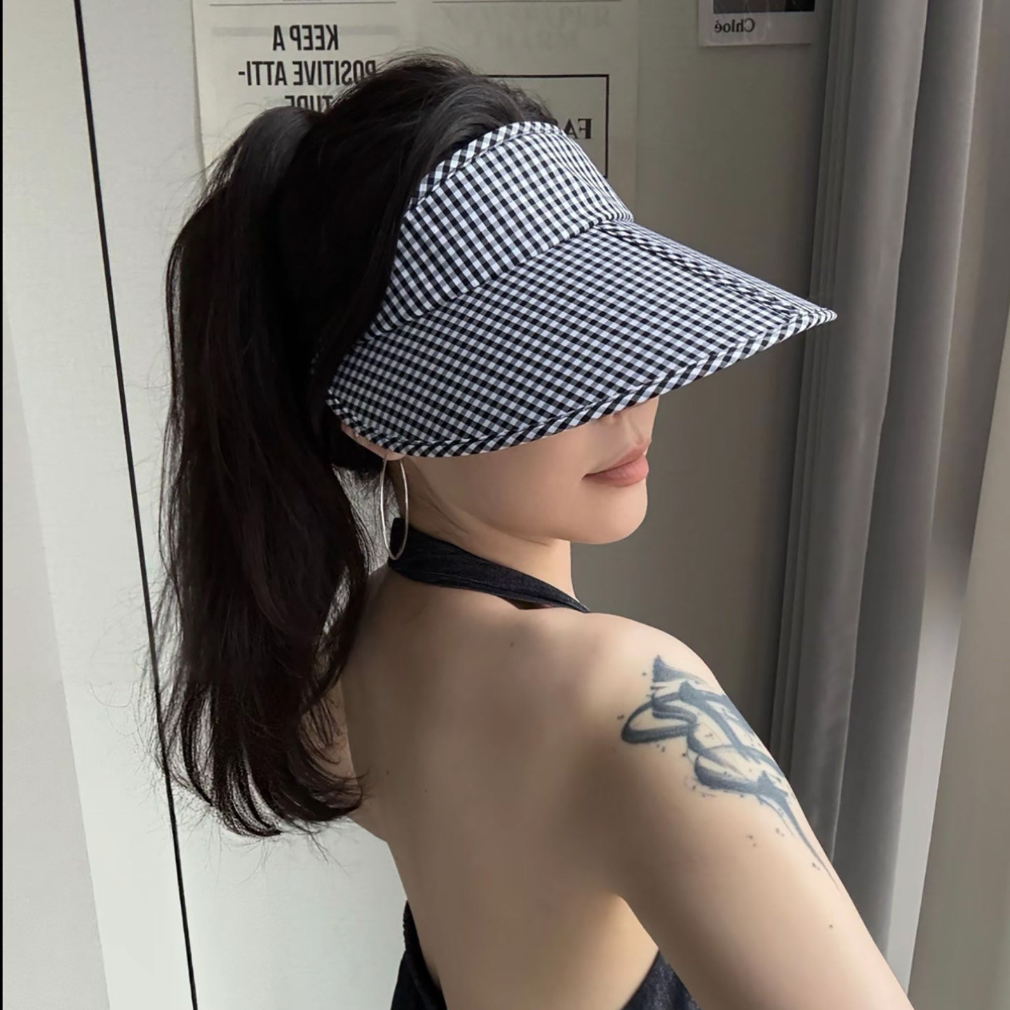 韩系ins黑白格纹空顶防晒帽女夏