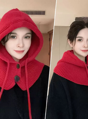韩版巴拉法帽女秋冬显脸小红色毛线帽子围巾一体针织套头帽加大头