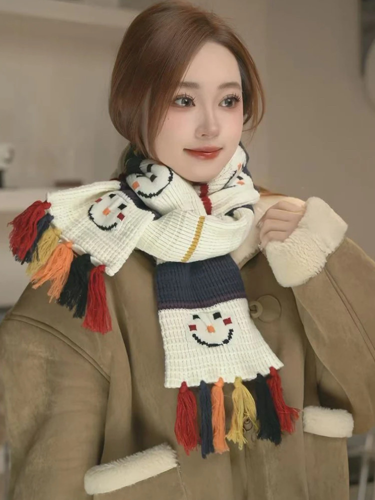 手工提花原创双层笑脸雪人围巾女可爱长款百搭韩版秋冬季保暖围脖