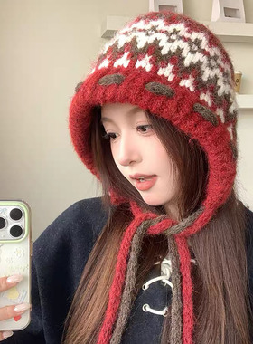 复古费尔岛红色针织帽子女秋冬