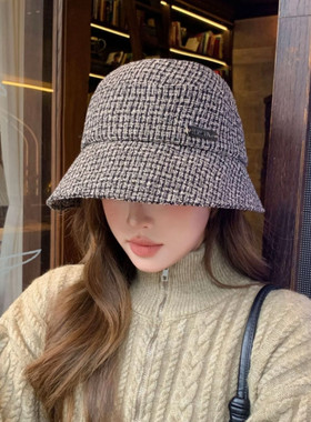 小香风格纹渔夫帽女秋冬季时尚