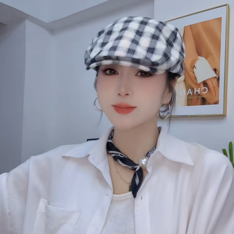 韩版格纹前进帽女春秋复古显脸小