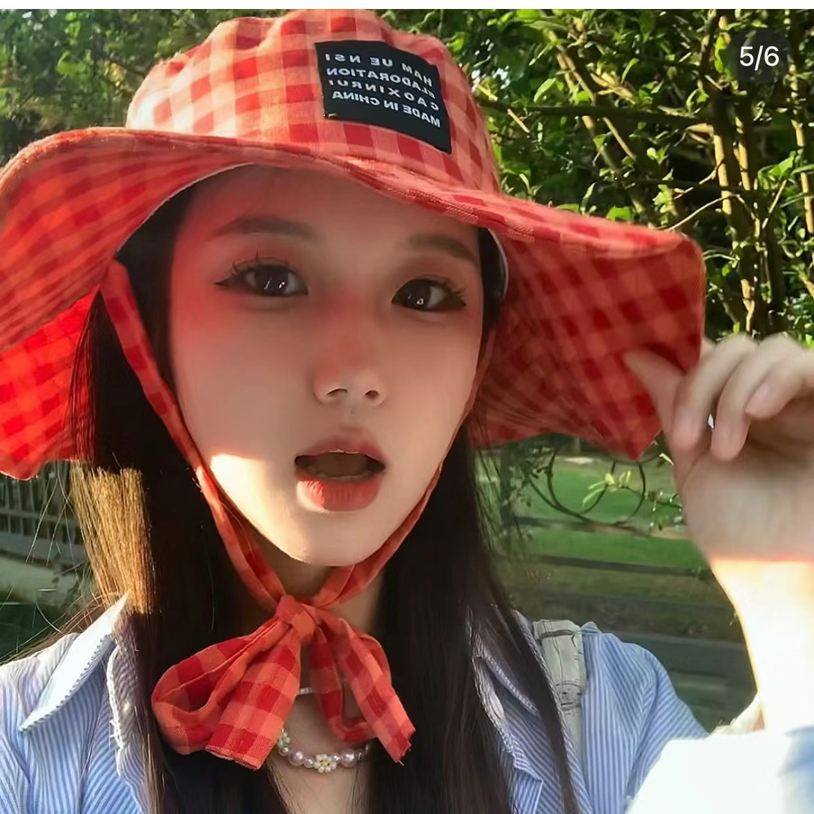 泰国博主同款多巴胺格子渔夫帽子女夏季出游遮阳防晒系带太阳帽潮