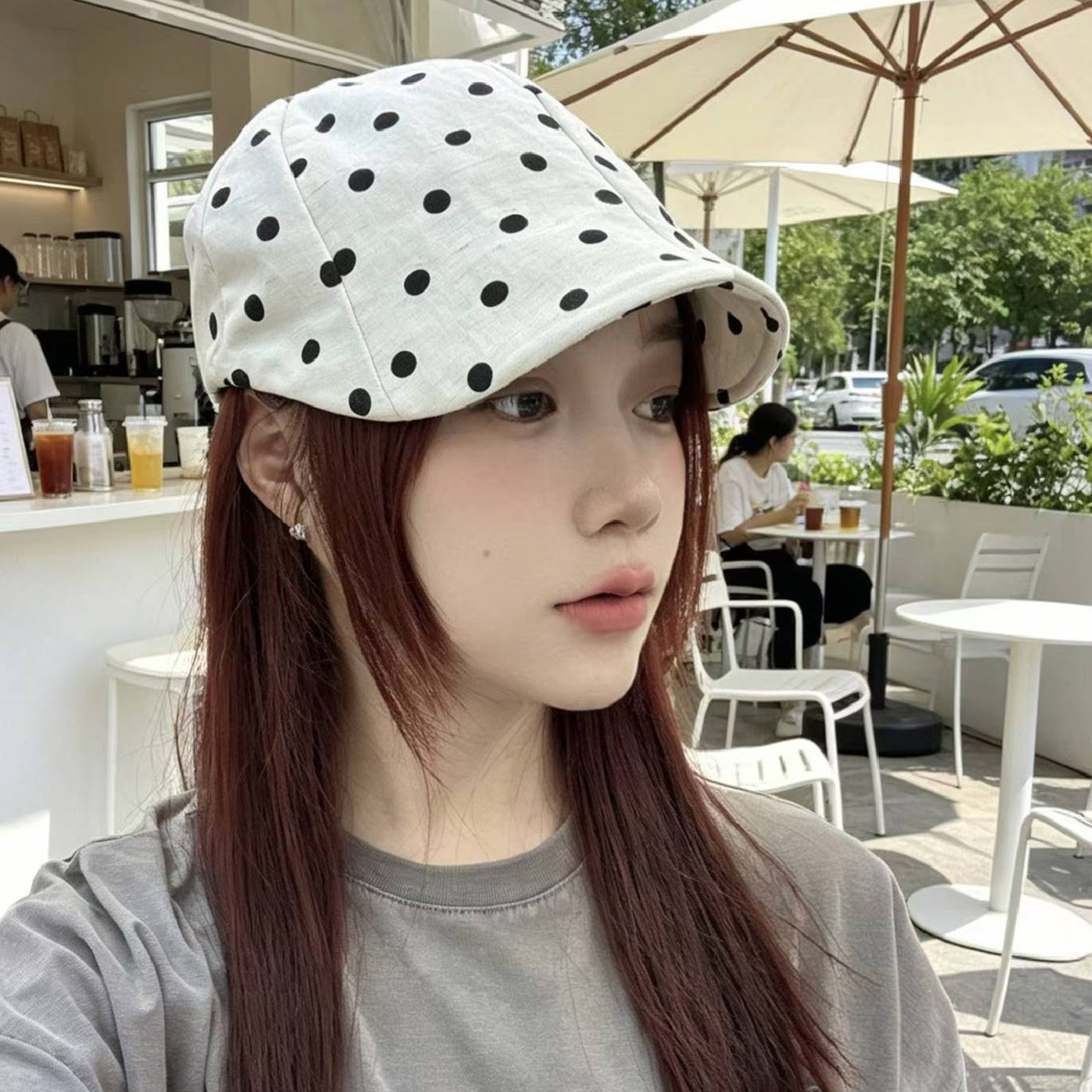 复古波点前进帽女夏大头围显脸小