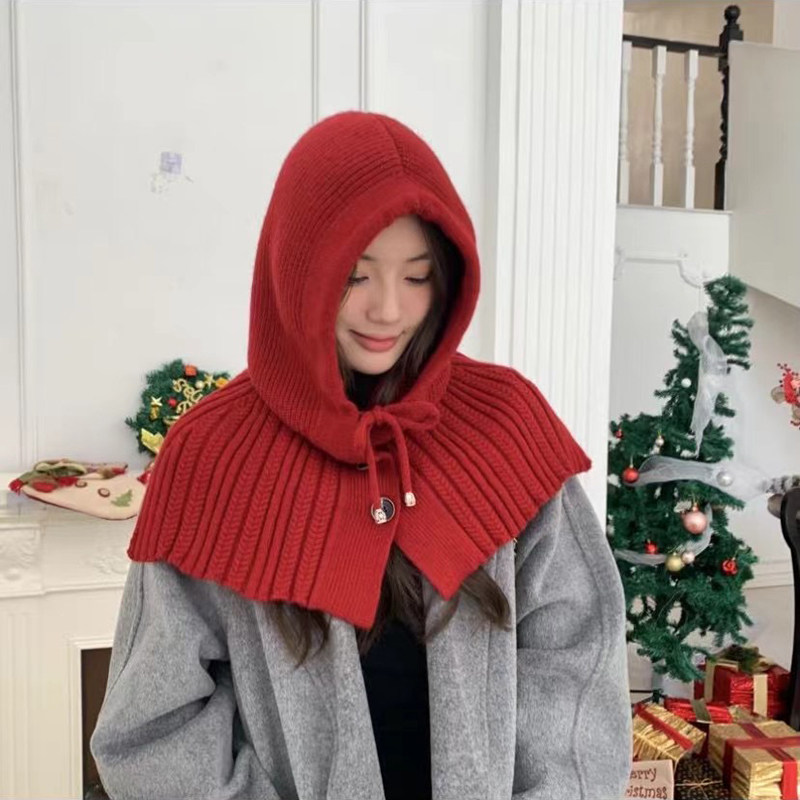 韩国经典红色显白针织拉法帽女冬季加厚保暖帽子围巾一体宽松披肩