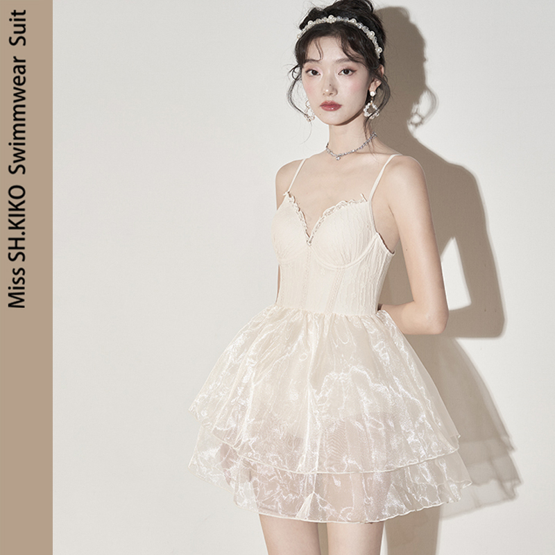 淑惠kiko小众复古泳衣温泉度假泳装裙式显瘦沙滩度假泳装白色