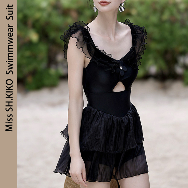 淑惠kiko显瘦黑色遮腿泳衣女温泉度假泳装保守v领游泳衣连体平角