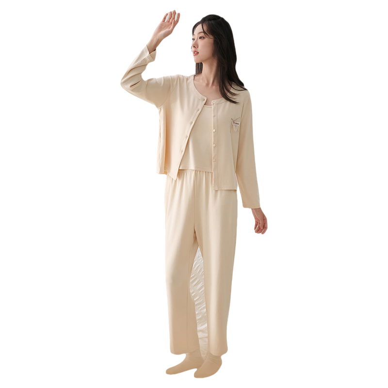 女士开衫三件套（里面小吊带带有胸垫）长袖长裤家居服睡衣套装