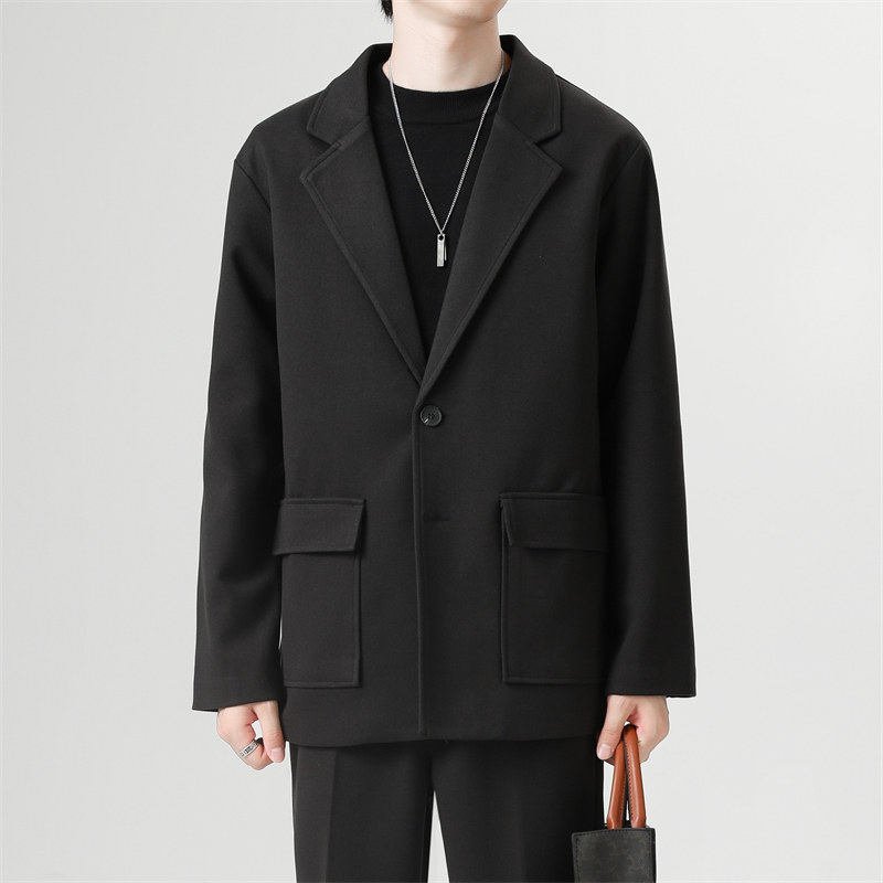 花衬衫双扣大口袋毛呢西装外套男士春秋商务修身小西服套装