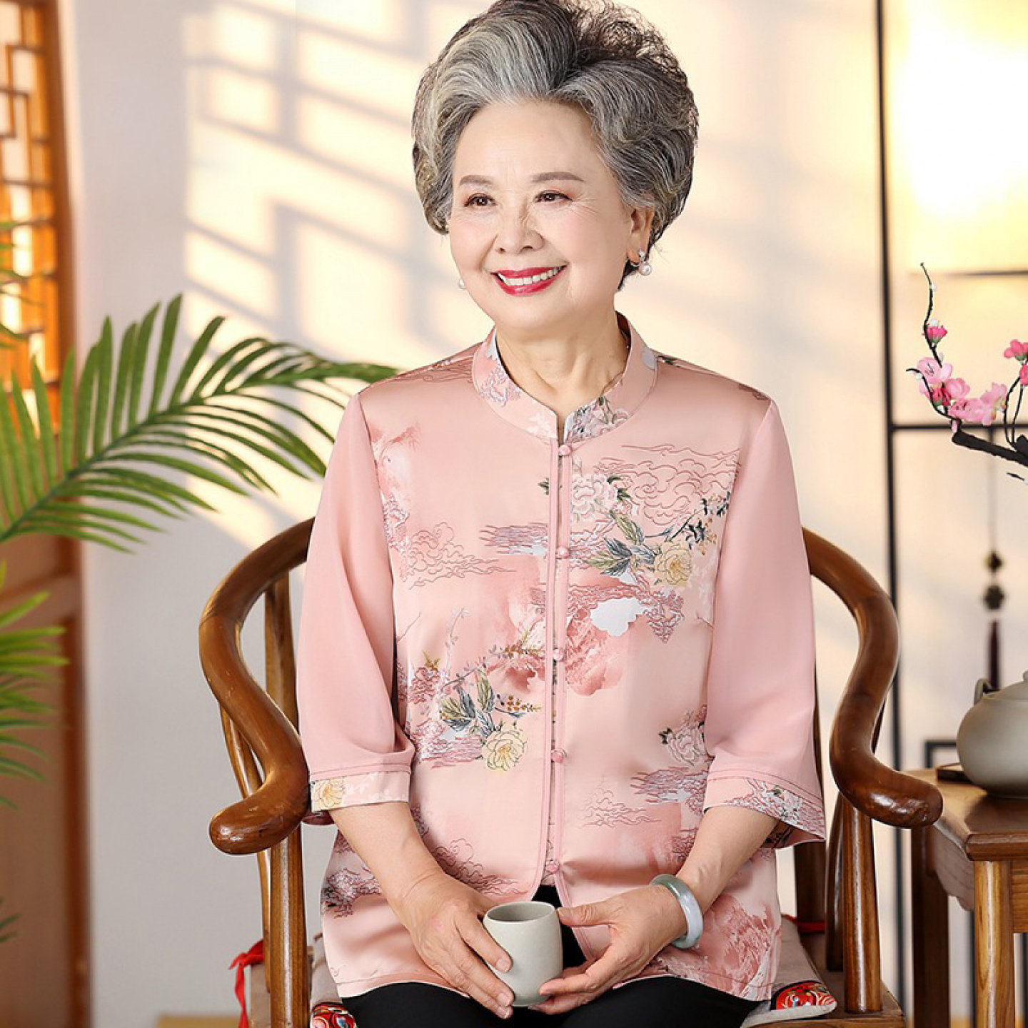 【100%桑蚕丝】两件套装妈妈上衣裤子真丝奶奶夏装衬衫女中老年人