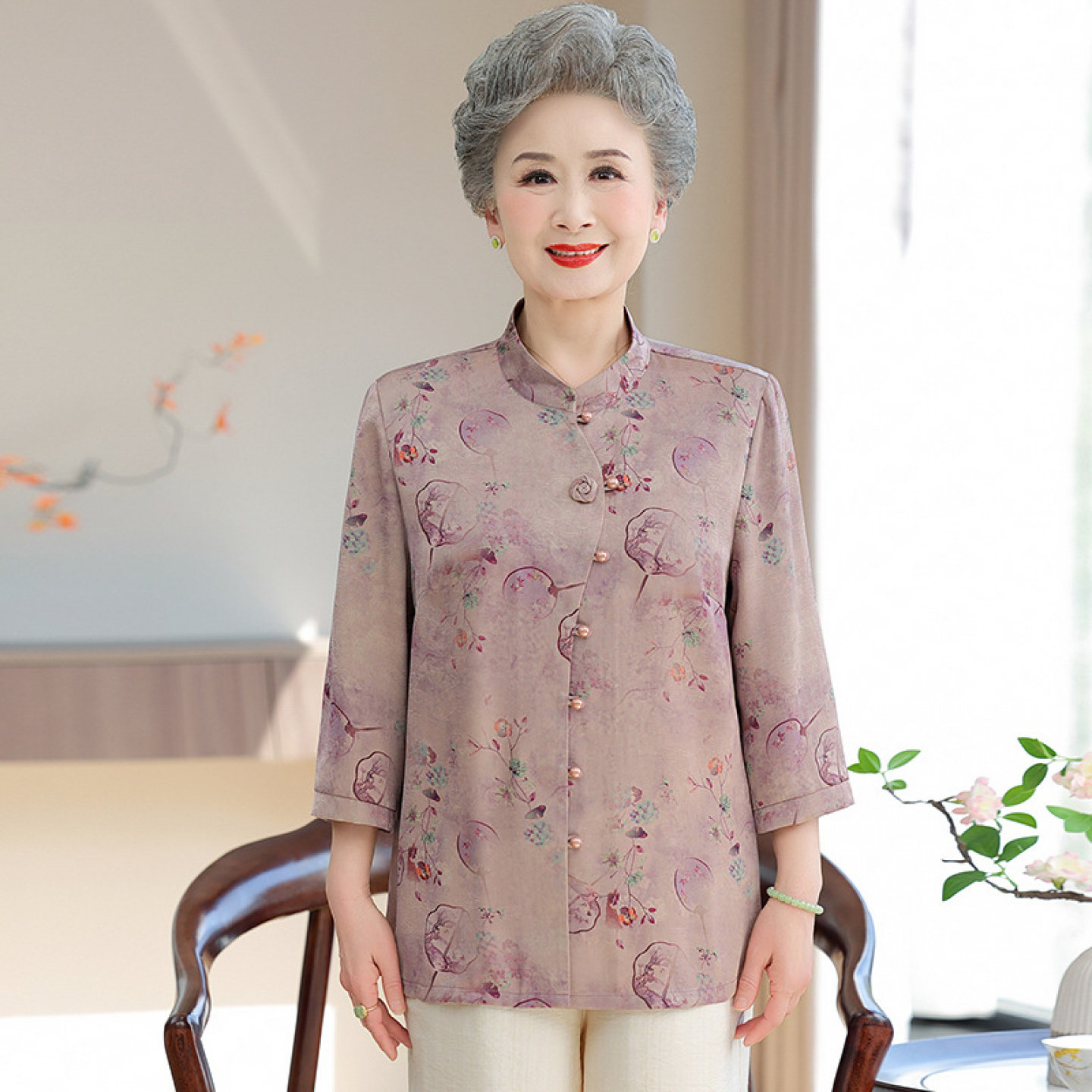 【桑蚕丝100%】真丝两件套装中老年人上衣妈妈奶奶夏装衬衫女开衫