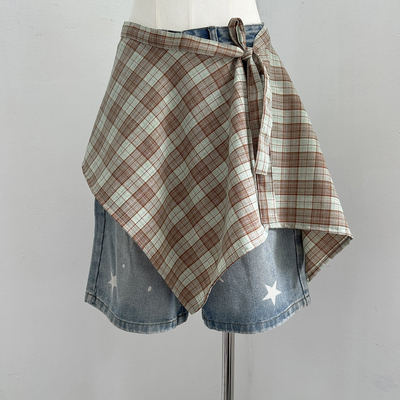 Y2K小众抹茶格纹屁帘不规则绑带叠穿神器遮臀防晒百搭短裙度假风