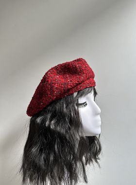 原创网红同款红色帽子女法式复古小香风蓓蕾春秋英伦风粗花呢画家