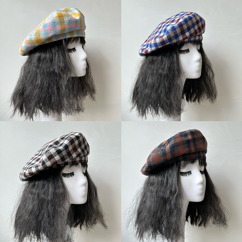 原创24新秋冬彩色时尚日系复古格纹贝雷帽方格画家帽女士百搭潮流