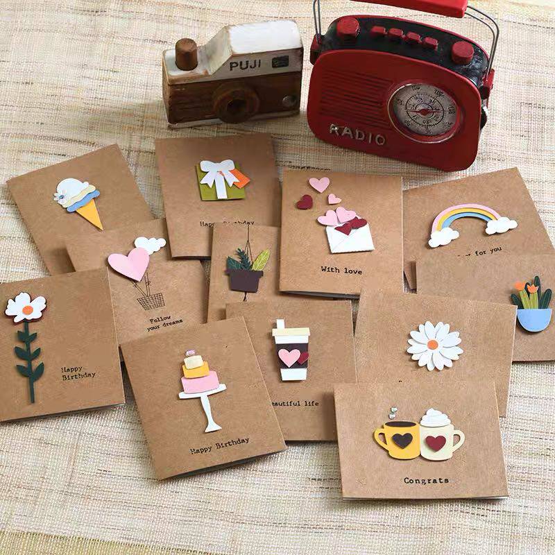 贺卡韩国创意牛皮纸可爱卡通儿童生日邀请函祝福小卡片带信封