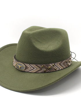 美国西部牛仔帽宽皮带牛头配饰礼帽爵士帽毡帽 Cowboy Hat