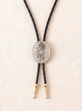 复古西部雕花波洛领带 bolo tie 做旧浮雕编织皮绳领绳项链