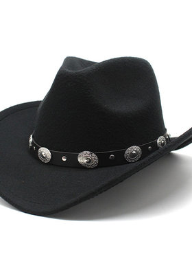 少数民族风毛呢西部牛仔礼帽皮带铆钉装饰男女情侣帽 Cowboy Hat