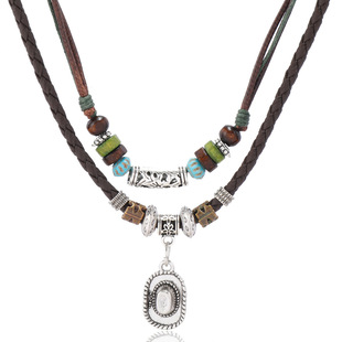 欧美西部牛仔风项链复古蝴蝶合金多层木珠打结可抽拉手工编织饰品