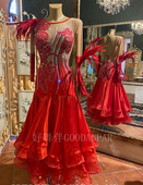 日本进口珍珠丝摩登比赛服华尔兹演出红色有层次裙边长袖 定制