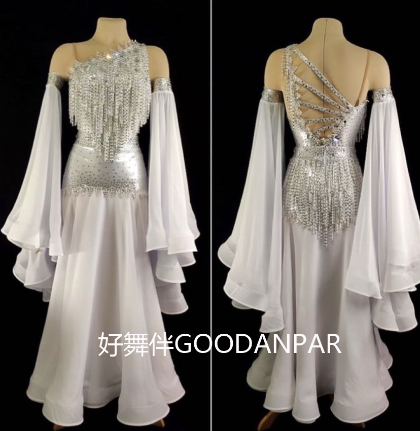 好舞伴GOODANPAR国标摩登舞蹈表演出比赛服大摆连衣裙白色喇叭袖