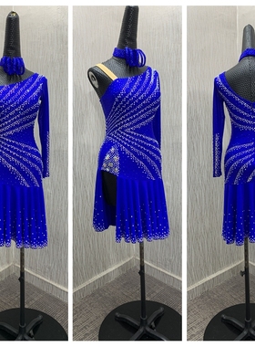 拉丁比赛恰恰伦巴牛仔演出服仿奥钻尺寸定制单肩袖蓝色开叉露腿