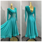 现货摩登华尔兹探戈比赛服表演服练功服舞会蒂芙尼兰长袖 大摆裙