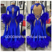 蓝色摩登比赛表演服连衣裙大摆露背下摆鸵鸟毛长袖 定制好舞伴